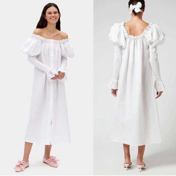Sleeper | Dresses | Sleeper Opera Off Shoulder Lace Linen Midi Dress In  White New With Tags | Poshmark